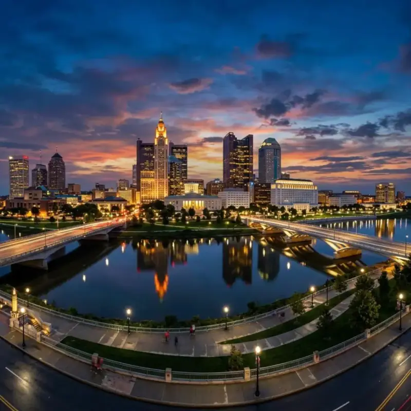 Columbus, Ohio downtown skyline across the Scioto River at dusk