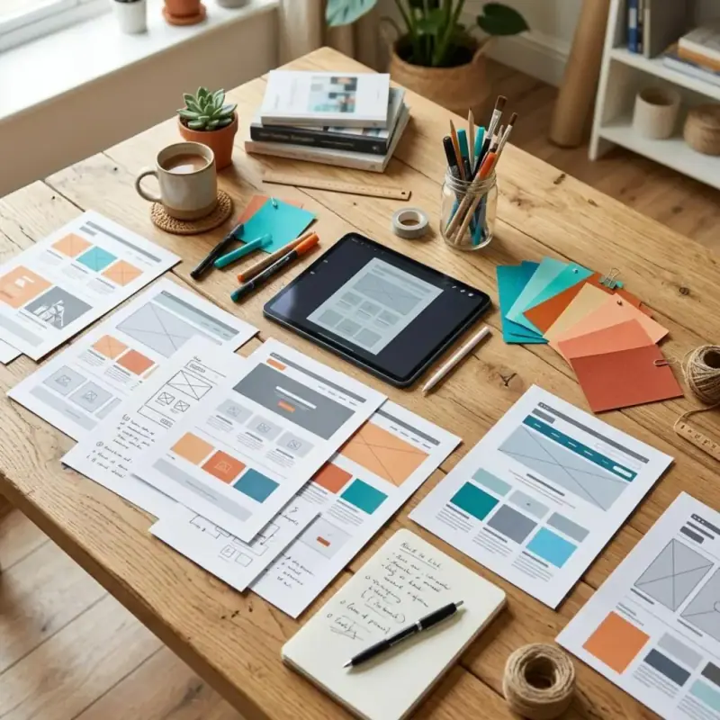 Printed website mockup pages, a tablet and color swatches on a desk