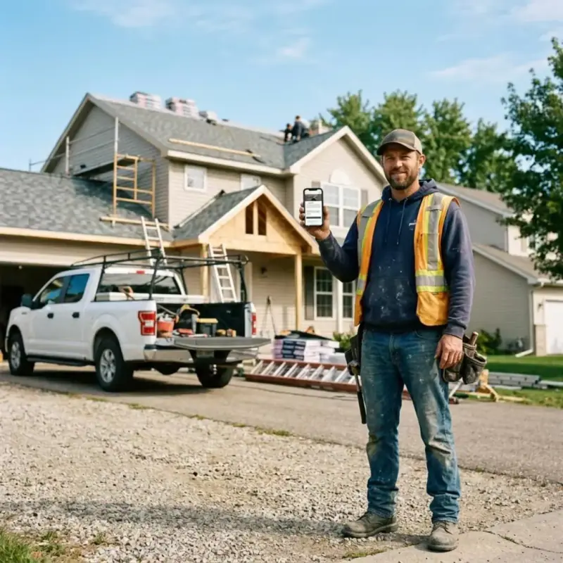 Contractor holding a smartphone showing a contractor website in front of a home renovation