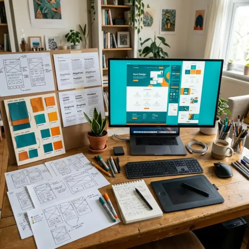 Designer desk with wireframe sketches, color swatches and a custom website layout on a monitor
