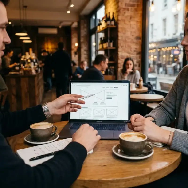 Two people discussing a website design on a laptop at a cafe table