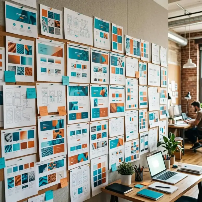 Wall of pinned website design layouts and color studies in a studio