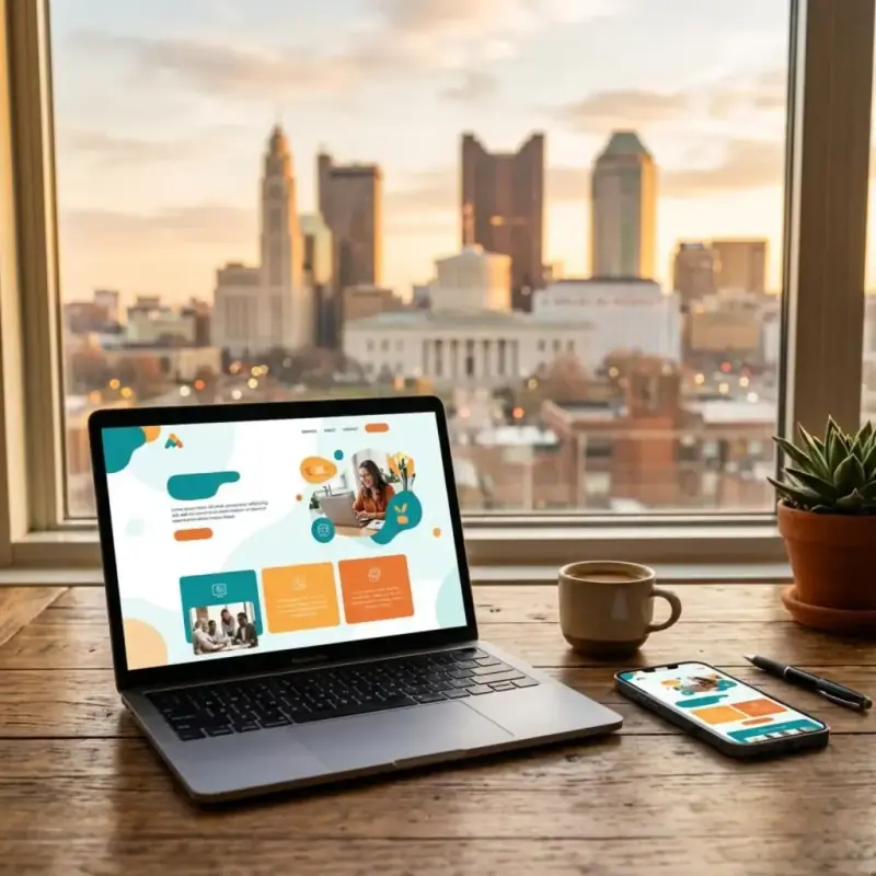Laptop and phone displaying a modern website mockup for a Columbus, Ohio business