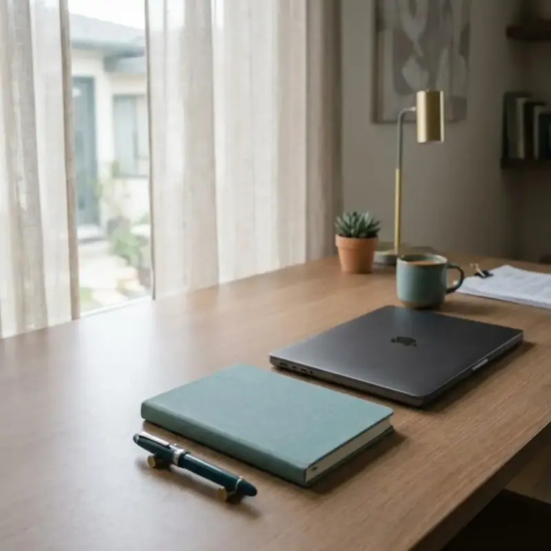 Notebook, pen and laptop on a calm desk
