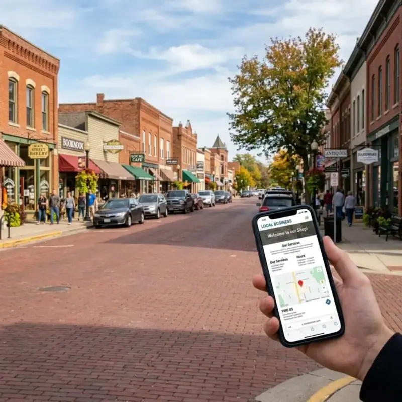 Phone showing a local business website on a Columbus neighborhood street