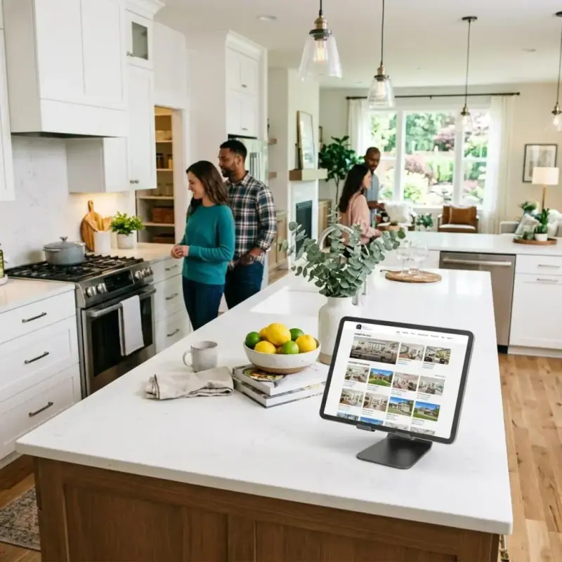 Tablet on a kitchen island showing a real estate website with property photos