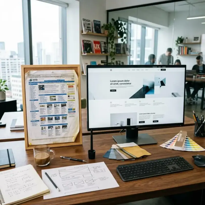 Dated website printout beside a monitor showing a clean redesigned website layout