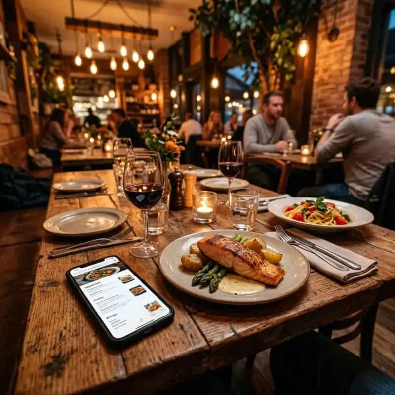 Restaurant table with plated food and a phone showing a restaurant website menu