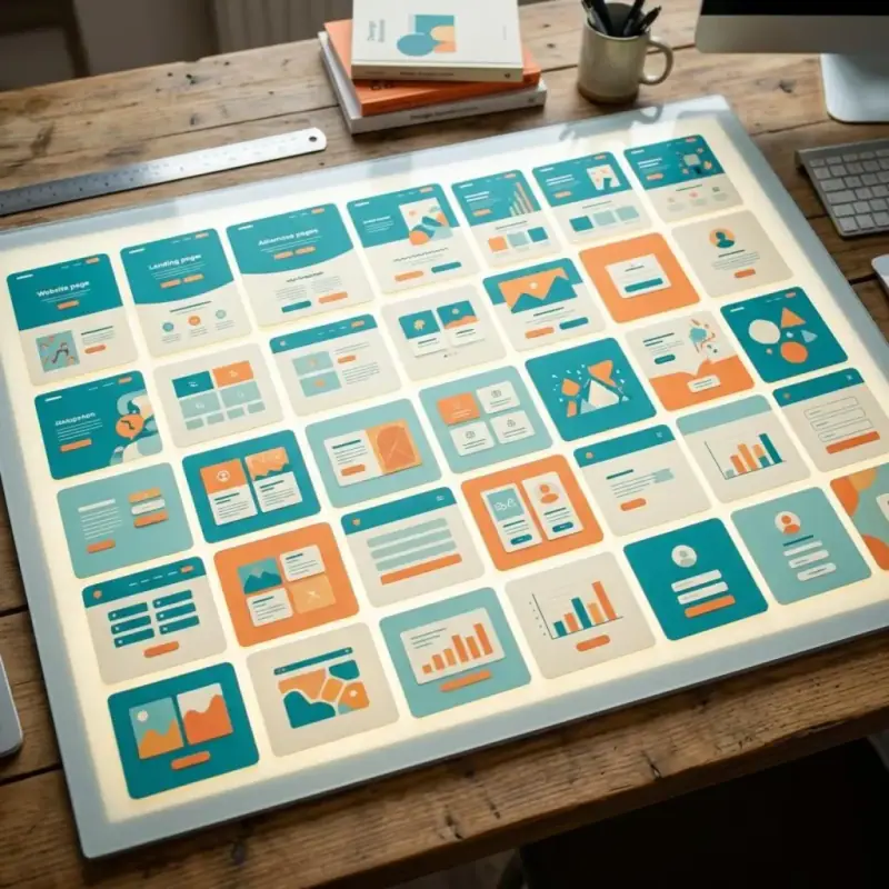 Colorful website layout cards arranged on a light table