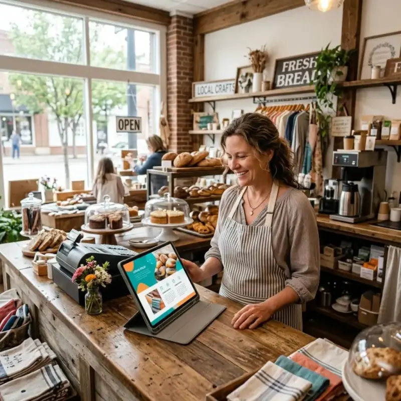 Shop owner reviewing a small business website design on a tablet at the counter